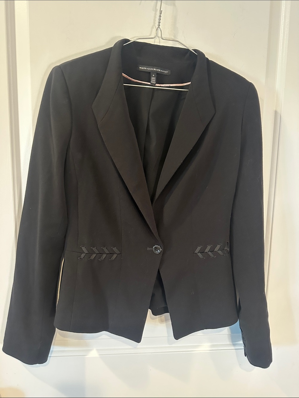 White House Black Market Black One-Button Notch Lapel Blazer with Chevron Trim